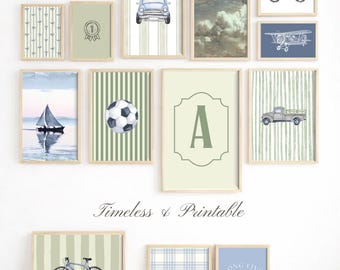 Set de arte de pared para habitación infantil de niño azul: láminas deportivas vintage, 25 pósteres descargables digitales para decorar la habitación y el cuarto de juegos del bebé.