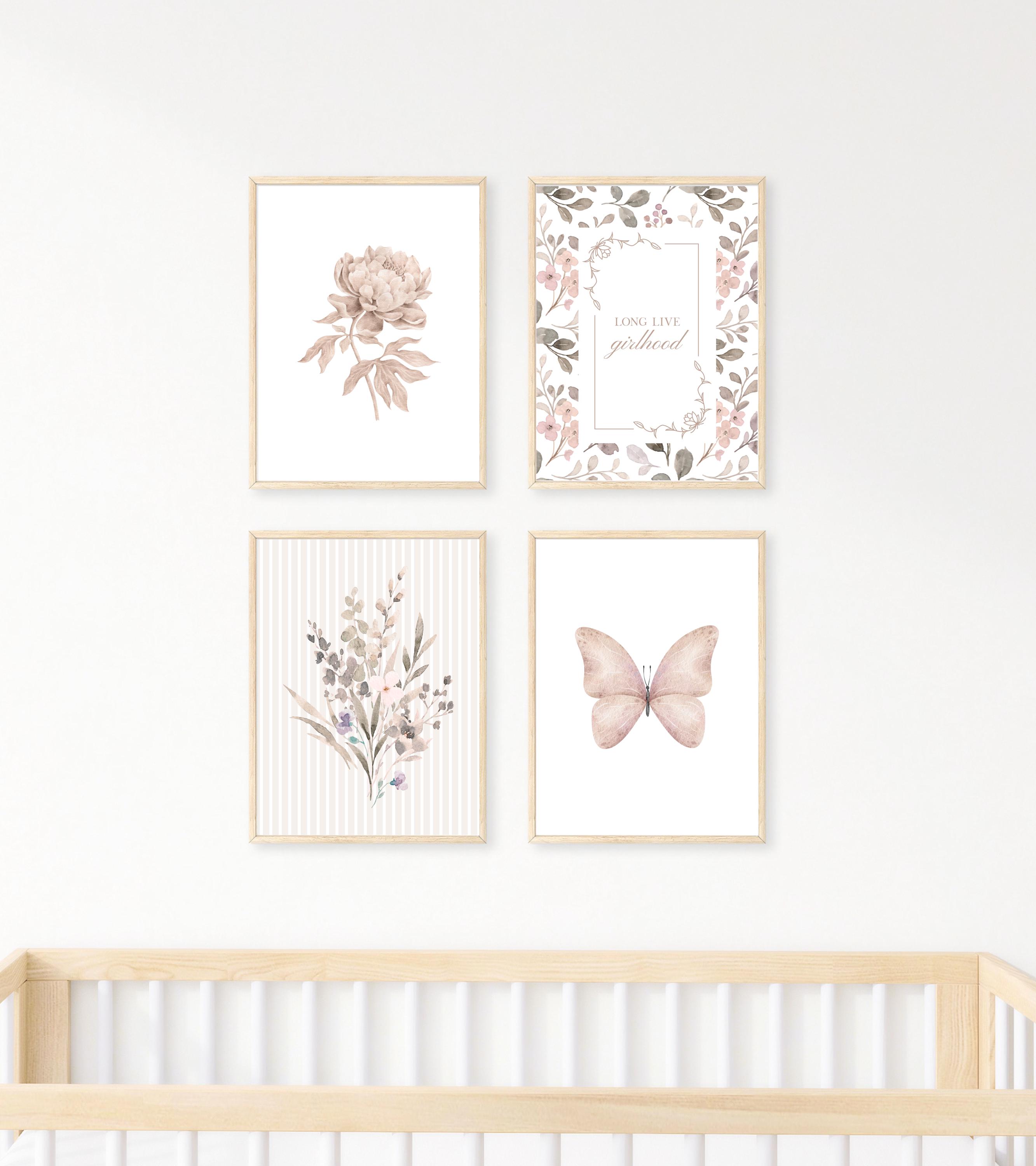 Vintage Pink Nursery Prints | Butterfly & Floral Wall Art Set | Baby ...