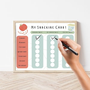 May include: A framed "My Snacking Chart" with a light wood frame. The chart has sections for morning, afternoon, and bedtime snacks, with check boxes for each day of the week. An apple and yogurt graphic are at the top. A hand is holding a pen, marking the chart.
