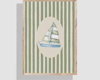 Watercolor Sailboat Nursery Print: Pastel Blue & Sage Green (Digital Download)