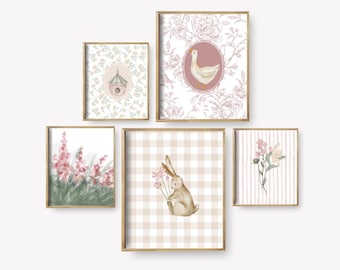 Soft Pink Nursery Wall Art Set of 5 – Vintage Cottagecore Baby Girl Prints – Pastel Pink Nursery Decor – Instant Digital Download