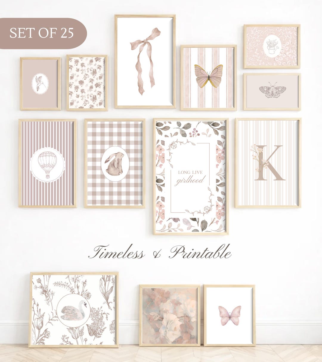 Dusty Rose Nursery Wall Art Set of 25 | Vintage Pink Baby Girl Prints ...