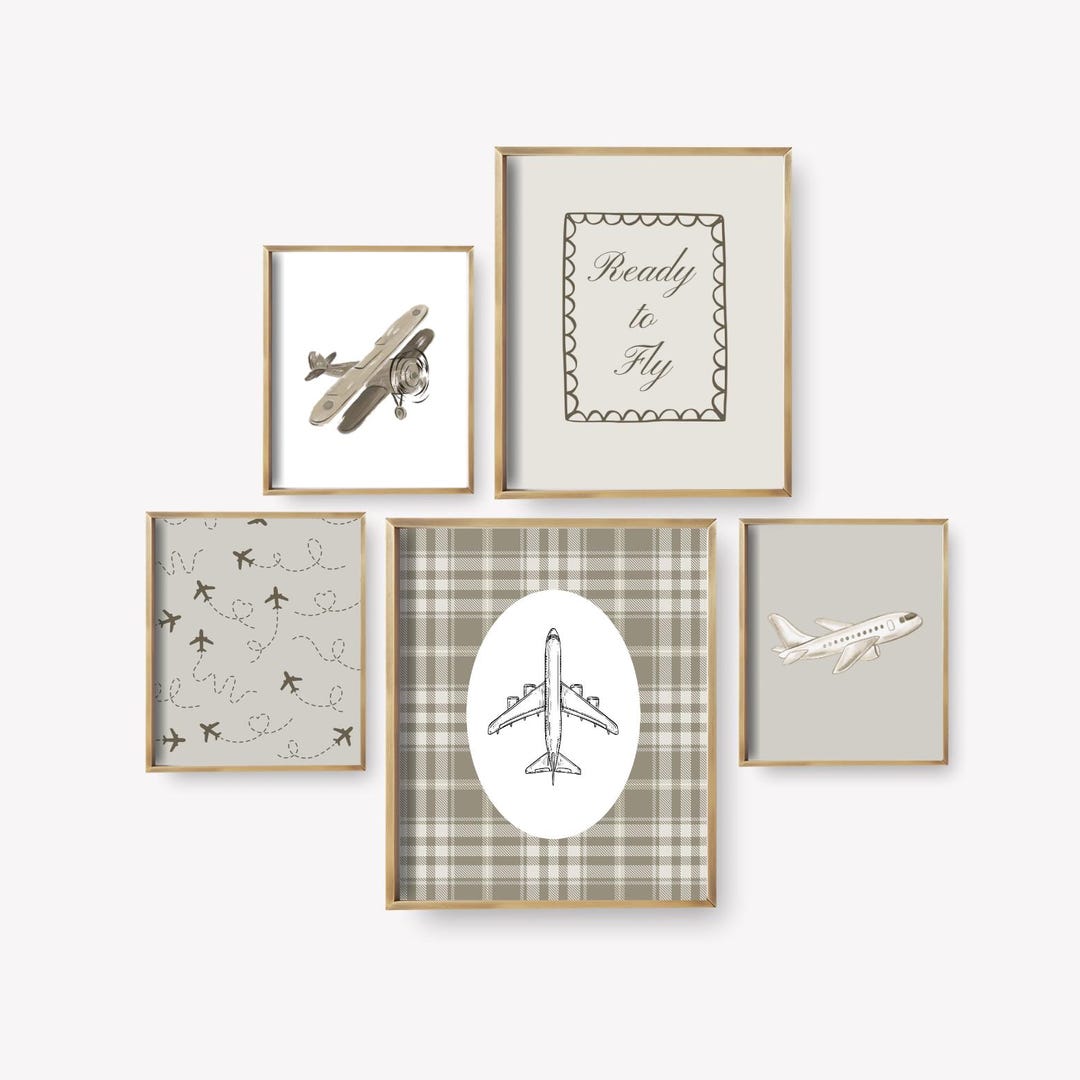 Neutral Airplane Nursery Wall Art Set of 5, Airplane Prints for Boys ...