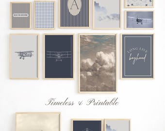 Vintage Airplane Nursery Wall Art Set of 15 | Watercolor Plane Prints | Aviation Baby Boy Room Decor | Travel Blue Wall Art Digital Download