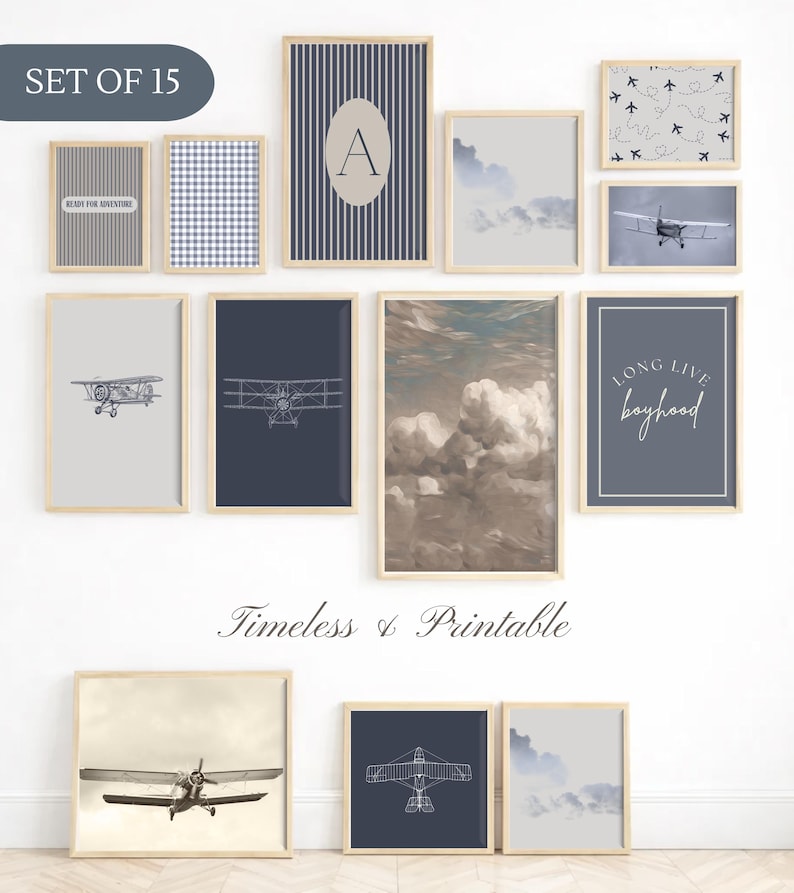 Vintage Airplane Nursery Wall Art Set of 15 | Watercolor Plane Prints | Aviation Baby Boy Room Decor | Travel Blue Wall Art Digital Download image 2