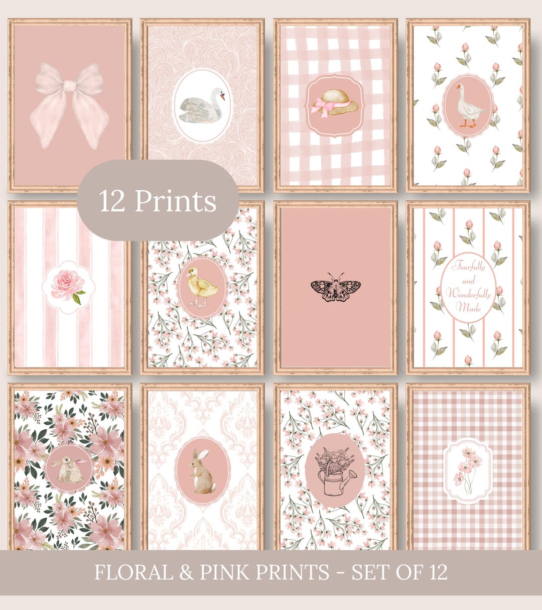 Pink Nursery Wall Art Printable Set – 12 Cottagecore Gallery Prints ...