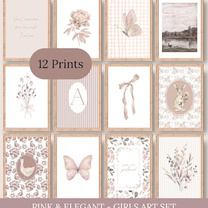 May include: A collection of 12 framed art prints in shades of pink and beige. The prints showcase floral, butterfly, and landscape imagery, with some including text. The phrase "Pink & Elegant - Girls Art Set" is at the bottom.