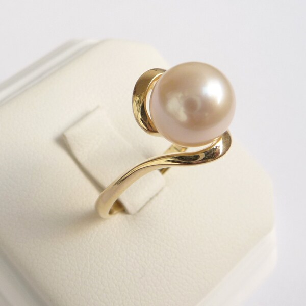 Pearl engagement ring gold pearl ring womens ring smooth white 10mm pearl 14k yellow solid gold