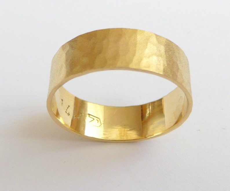 Yellow Gold Mens Wedding Band Women Wedding Ring Hammered Flat Etsy