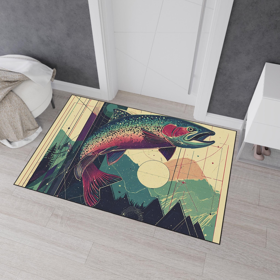 Outdoor Rug Fish Vintage Trout Fishing Lodge Entryway Mat - River Fish Decor Rug ...