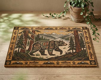 Rustic Bear Coir Doormat, Woodland Forest Welcome Mat, Cabin Entryway Rug