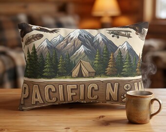 Pacific Northwest Mountain Forest Wildlife Lumbar Pillow, Cabin Style Accent