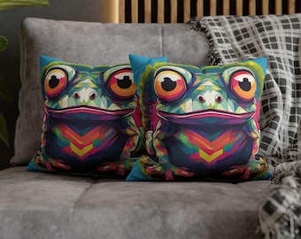 Psychedelic Frog Polyester Square Pillowcase | Bright Pop Art Throw Pillow Cover