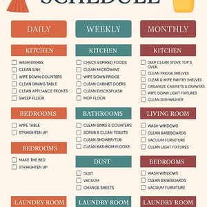 May include: A cleaning schedule checklist with a broom and a spray bottle. The checklist is divided into daily, weekly, and monthly tasks. The tasks are organized by room, such as kitchen, bedrooms, bathrooms, living room, laundry room, and dust.
