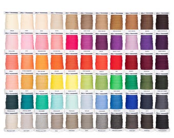 May include: A collection of spools of thread in a variety of colors, including shades of pink, orange, yellow, green, blue, and brown. Each spool is labeled with the text "ONLY TRIMMING". The spools are arranged in neat rows and columns.