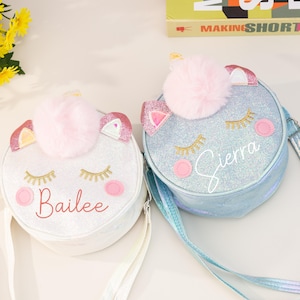 Einhorn Kleinkind Geldbörse, Einhorn Crossbody Tasche, Einhorn Tasche mit Namen, benutzerdefinierte Blumenmädchen Geschenk, kleine Mädchen Geburtstagsgeschenk, rosa Handtasche