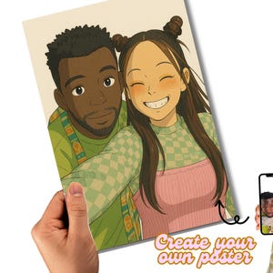 Könnte beinhalten: Eine digitale Illustration eines Paares, ein schwarzer Mann mit kurzen braunen Haaren und eine Frau mit langen braunen Haaren, die ein kariertes Hemd und ein rosa Oberteil trägt. Das Bild ist im Cartoon-Stil gehalten und hat eine Retro-Ästhetik.