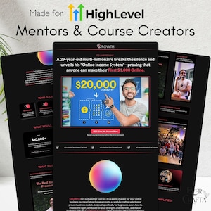 Könnte beinhalten: Werbegrafik für HighLevel, die sich an Mentoren und Kursentwickler richtet. Das Bild zeigt einen Mann, der ein Schild mit '$20.000/Monat' und Text über ein Online-Einkommenssystem hält. Zusätzlicher Text lautet 'YES! Give Me Access Now'.