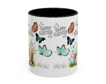 Easter Coffee Mug with Colorful Butterfly & Egg Design  Spring Holiday Gift for Coffee Lovers  Festive Accent Mug for Easter Decor