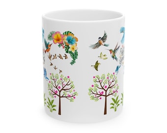 Nature Inspired Ceramic Mug with Floral Bird Art  Eco Friendly Coffee Cup Gift for Nature Lovers Botanical Home Decor Drinkware