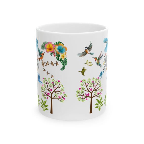 Nature Inspired Ceramic Mug with Floral Bird Art Eco Friendly Coffee Cup Gift for Nature Lovers Botanical Home Decor Drinkware