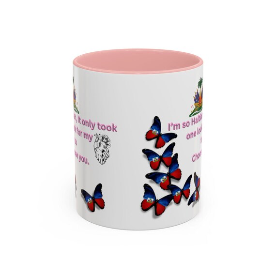 Haitian Pride Mug | Colorful Butterfly Tea Cup | Inspirational Gift for Friends | Haitian Heritage | Black Handle Accent Mug