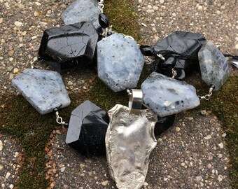 One of a Kind Amazonite Pyrite Quartz and Picasso Marble and Freeform Sterling Silver Pendant