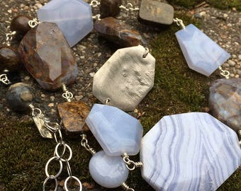One of a Kind Amazonite Pyrite Quartz and Picasso Marble and Freeform Sterling Silver Pendant