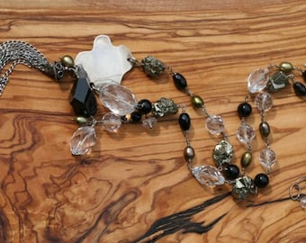 One of a Kind, Sterling Pendant, Hand Formed Tassel, Black Tourmaline, Quartz Crystal, Pyrite Nuggets, Black Onyx, Bronze Pearls, Necklace