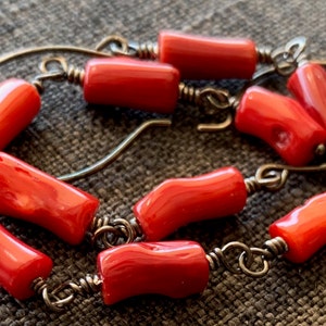 5 Inch Long Oxidized Sterling Silver Wire Wrapped Red Bamboo Coral on Sterling Ear Wire Hoops