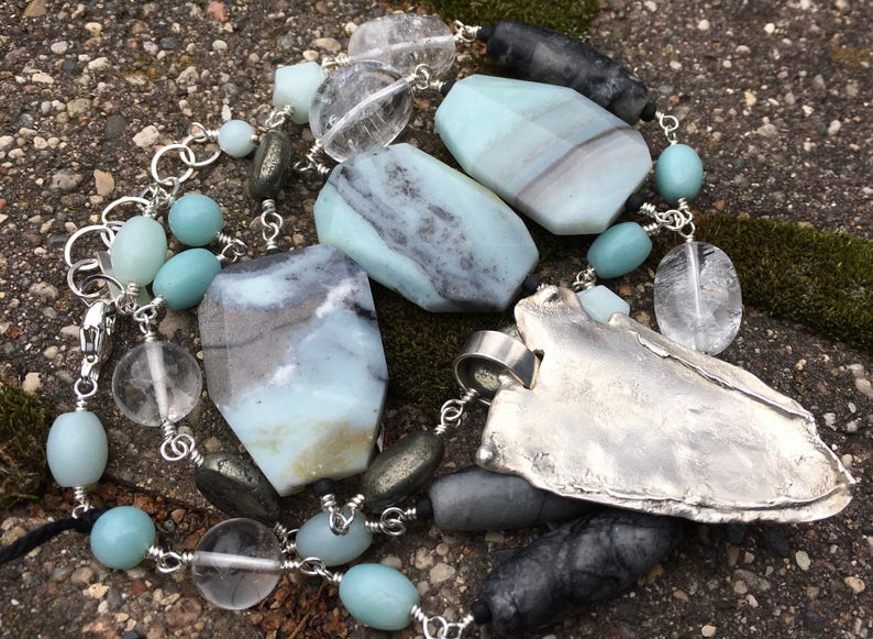 One of a Kind Amazonite Pyrite Quartz and Picasso Marble and Freeform Sterling Silver Pendant