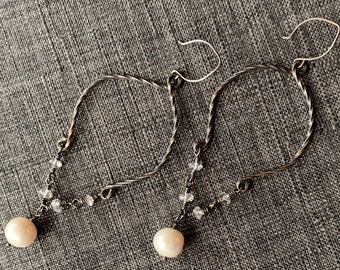 4 Inch Long Twisted Square Oxidized Sterling Silver Wire with Quartz and Freshwater Pearls Earrings