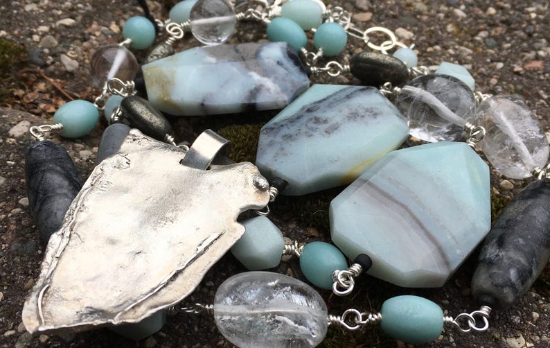 One of a Kind Amazonite Pyrite Quartz and Picasso Marble and Freeform Sterling Silver Pendant