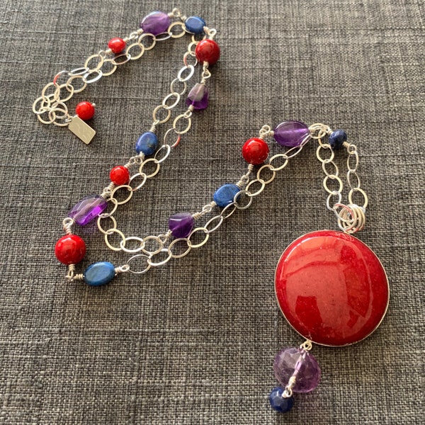 Colorful Red Purple Blue Stones with Sterling Silver Chain 29 inches plus Pendant