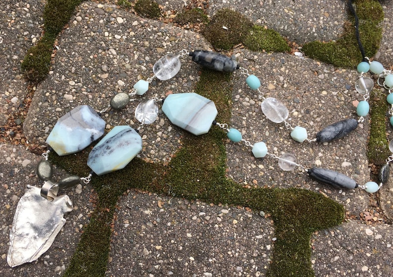 One of a Kind Amazonite Pyrite Quartz and Picasso Marble and Freeform Sterling Silver Pendant