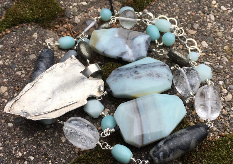 One of a Kind Amazonite Pyrite Quartz and Picasso Marble and Freeform Sterling Silver Pendant