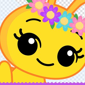 May include: A cartoon illustration of a yellow character with large black eyes and a smiling expression. The character wears a floral crown with pink, purple, and blue flowers. The background is transparent.