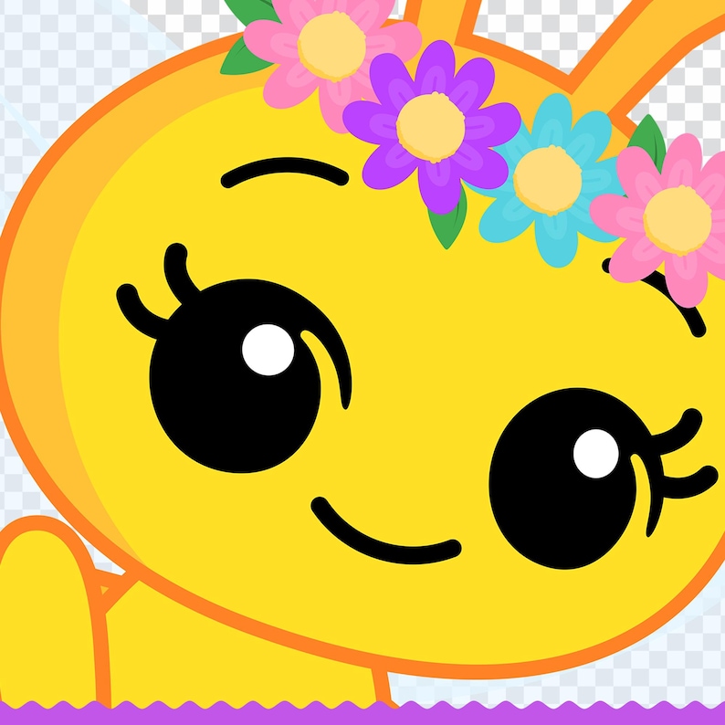 May include: A cartoon illustration of a yellow character with large black eyes and a smiling expression. The character wears a floral crown with pink, purple, and blue flowers. The background is transparent.