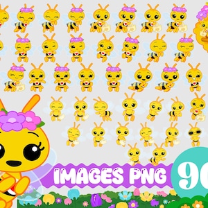 May include: A collection of 90 PNG images featuring cartoon bees in various poses. The bees are yellow with black stripes, wearing purple flower crowns, and have heart-shaped details. The image includes the text "IMAGES PNG 90".