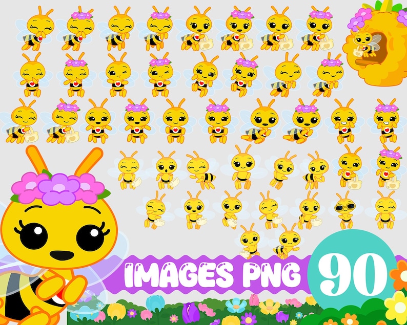 May include: A collection of 90 PNG images featuring cartoon bees in various poses. The bees are yellow with black stripes, wearing purple flower crowns, and have heart-shaped details. The image includes the text "IMAGES PNG 90".