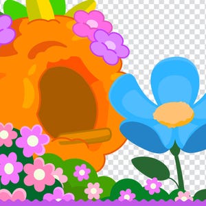 May include: A whimsical illustration of a garden scene. An orange birdhouse is adorned with purple flowers. A large blue flower with an orange center blooms nearby. Pink flowers and green bushes are at the base of the scene.