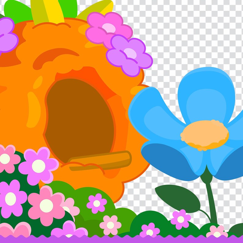 May include: A whimsical illustration of a garden scene. An orange birdhouse is adorned with purple flowers. A large blue flower with an orange center blooms nearby. Pink flowers and green bushes are at the base of the scene.