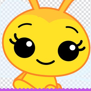 May include: A cartoon illustration of a yellow creature with large black eyes, eyelashes, and a smiling mouth. The creature has small antennae and is outlined in orange. The background is transparent.
