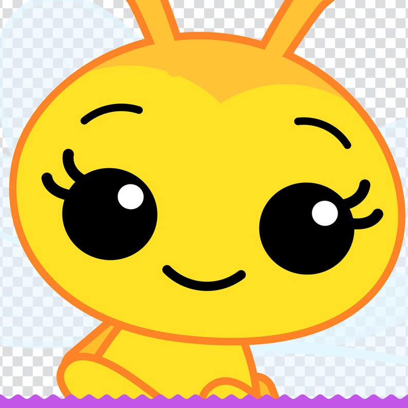 May include: A cartoon illustration of a yellow creature with large black eyes, eyelashes, and a smiling mouth. The creature has small antennae and is outlined in orange. The background is transparent.
