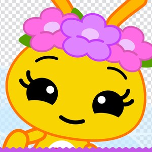May include: A cartoon illustration of a yellow character with large black eyes, eyelashes, and a smiling mouth. The character wears a flower crown with pink and purple flowers and green leaves. The background is transparent.