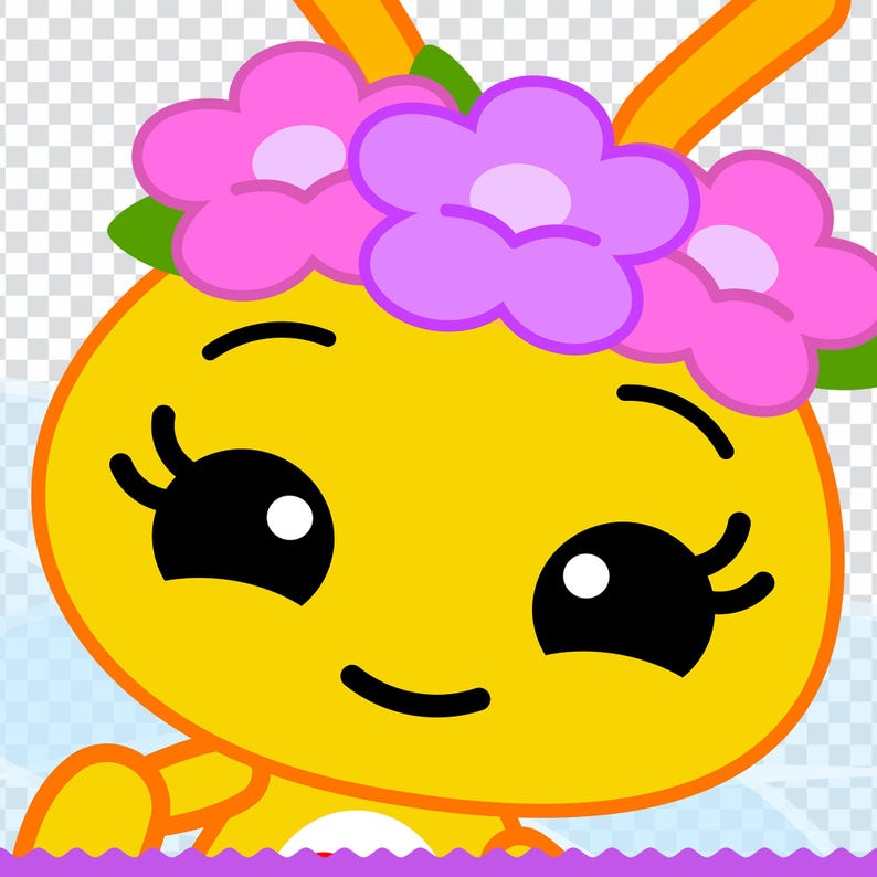 May include: A cartoon illustration of a yellow character with large black eyes, eyelashes, and a smiling mouth. The character wears a flower crown with pink and purple flowers and green leaves. The background is transparent.