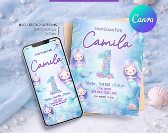 Mermaid Birthday Invitation Template Editable Canva, Under the Sea Party Invite, Any Age Mermaid Invitation | Printable 5x7 & Mobile |  MG01