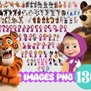 Puede incluir: Imagen digital con personajes de dibujos animados, incluyendo un tigre, un oso y una niña con un atuendo morado. La imagen también incluye el texto "IMAGES PNG 130" en un diseño morado y turquesa.