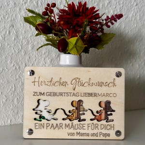 Personalisierte Geldgeschenkkarte mit Mäuse-Design – Nachhaltige Holzkarte für Geldgeschenke – Geschenkidee für Geburtstage, Hochzeiten & Co