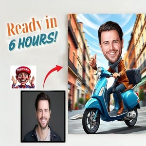 Custom Scooter Cartoon Portrait – Personalized Vespa Caricature Drawing – Lambretta Gift Art – Funny Biker Illustration, Mod Scooter Print